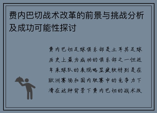 费内巴切战术改革的前景与挑战分析及成功可能性探讨 费内巴切战术改革的前景与挑战分析及成功可能性探讨