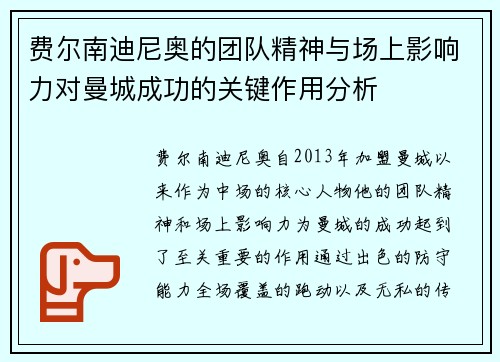 费尔南迪尼奥的团队精神与场上影响力对曼城成功的关键作用分析