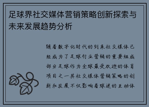 足球界社交媒体营销策略创新探索与未来发展趋势分析 足球界社交媒体营销策略创新探索与未来发展趋势分析